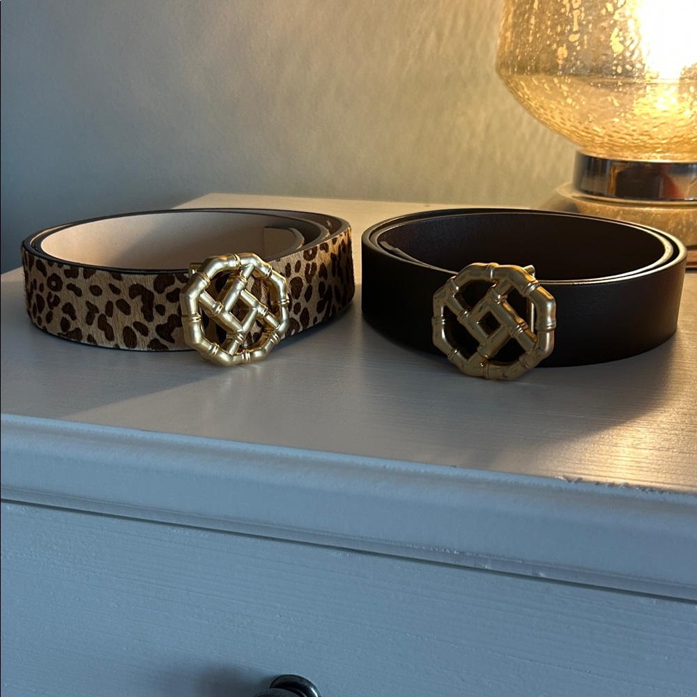 Two J. McLaughlin Gold Buckle Leopard and Black Belts large L